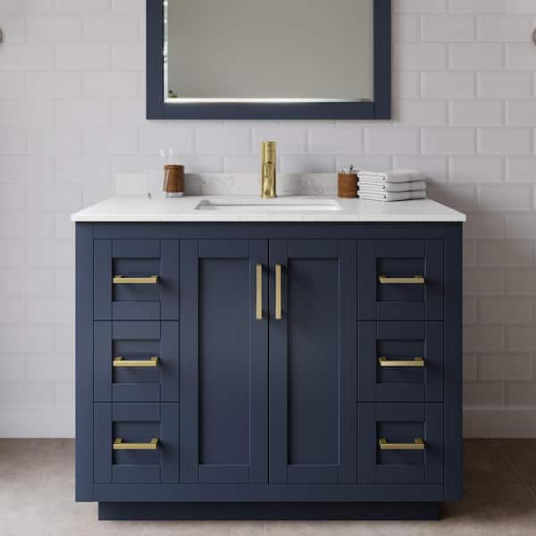 Wyndham Collection Miranda 42 in. W Single Bath Vanity in Dark Blue with Cultured Marble Vanity Top in Light-Vein Carrara with White Basin