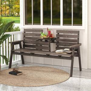 Coffee Fir Wood Outdoor Fir Wood Bench with Foldable Middle Table with Backrest and Armrests