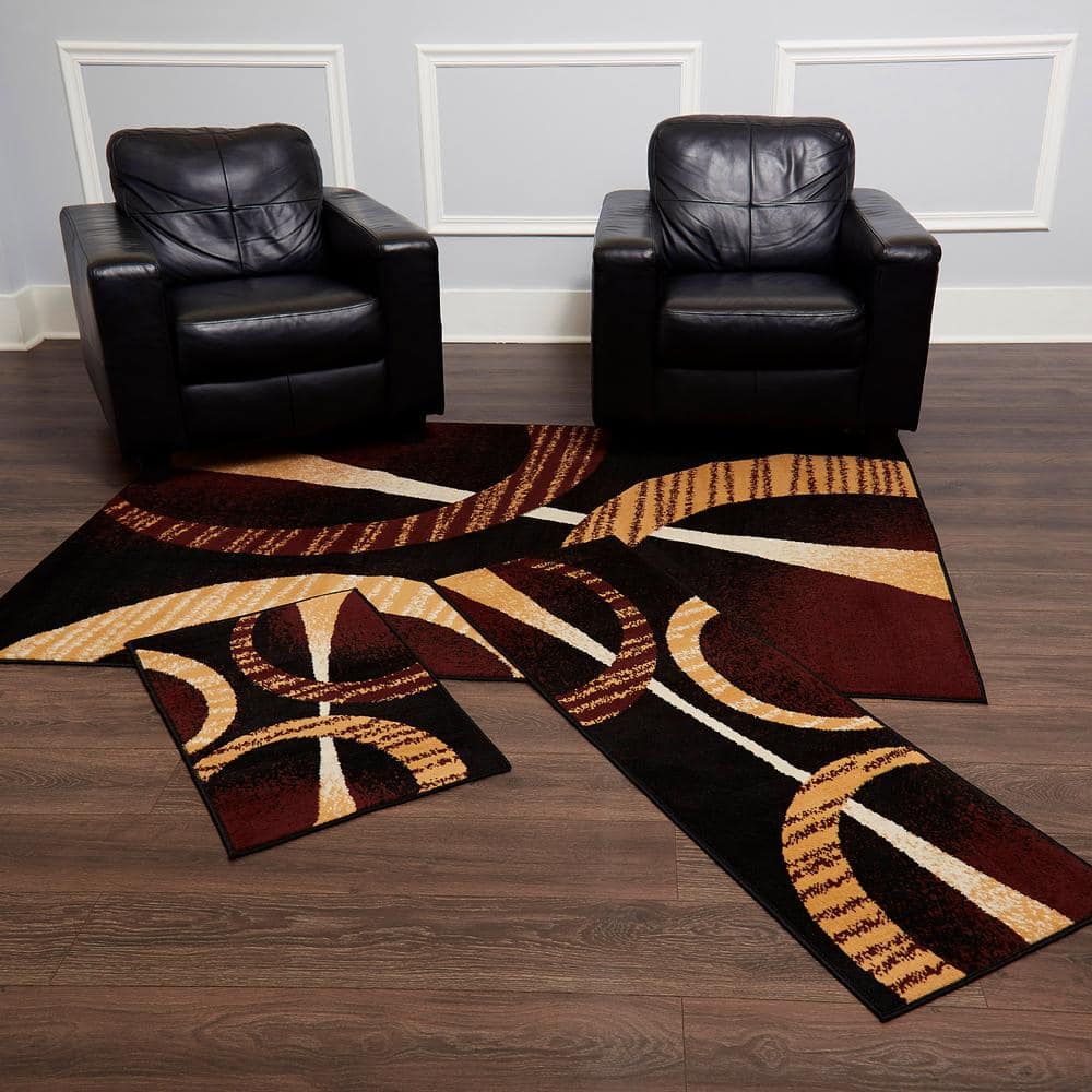 Ebony and Brown Abstract Geometric 3-Piece Area Rug Set