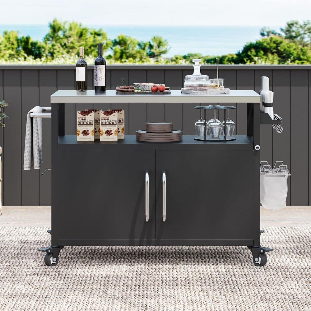 Black Stainless Steel 54.5 in. Kitchen Island with Storage Cabinet, Spice Rack and Towel Rack