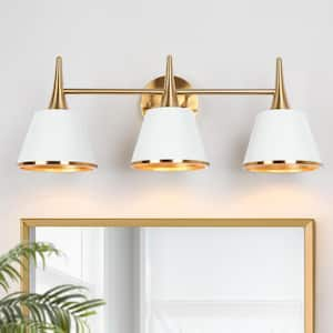 Modern 22.5 in. 3-Light Plated Brass Vanity Light with Taper Drum Matte Shades White Wall Light for Bathroom Vanity