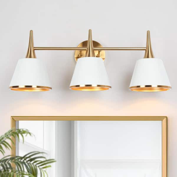 LNC Modern 22.5 in. 3-Light Plated Brass Vanity Light with Taper Drum Matte Shades White Wall Light for Bathroom Vanity