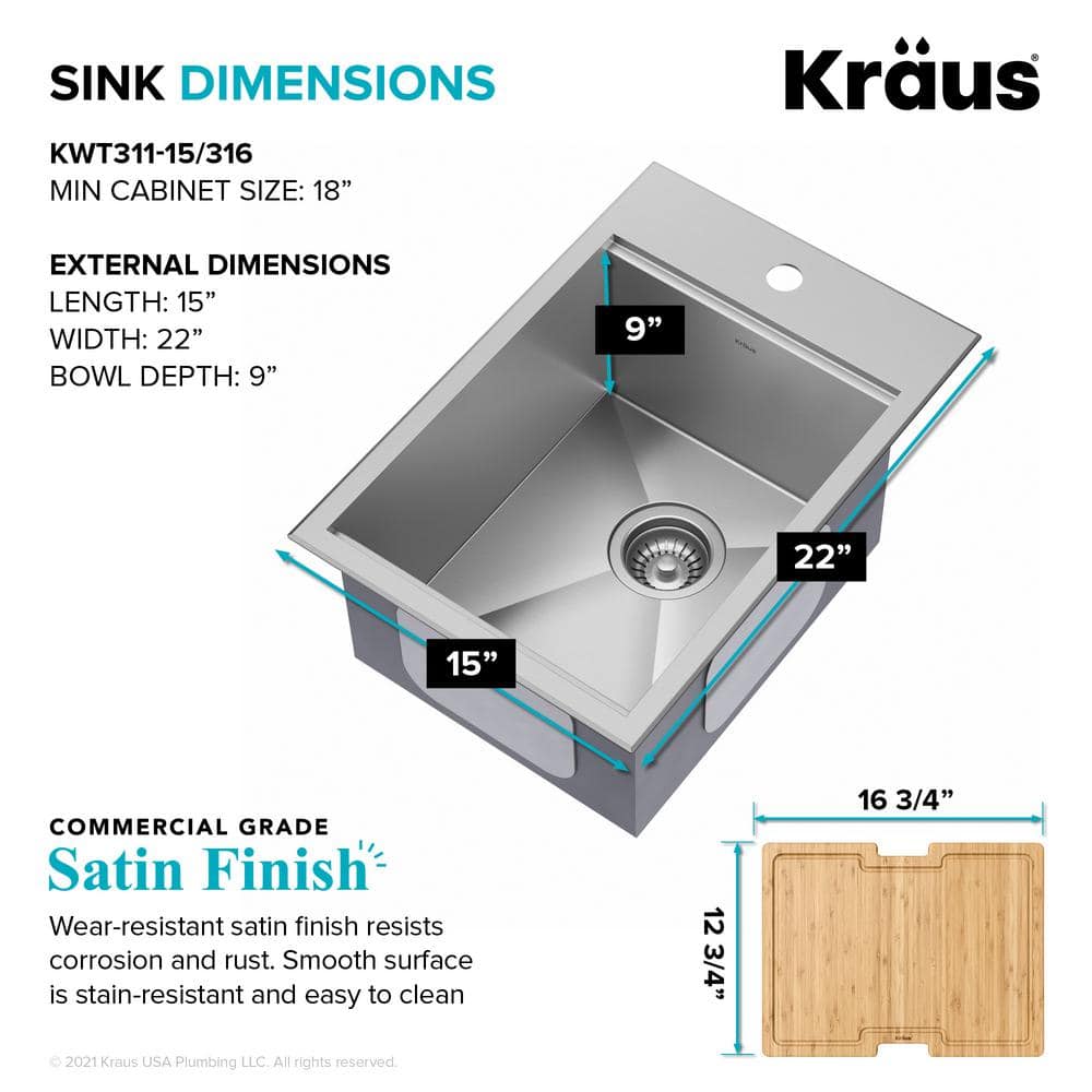 Kore 15" Stainless Steel Outdoor Workstation Sink with Bamboo Cutting Board