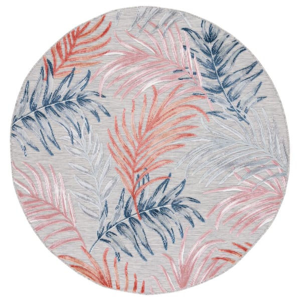 Cabana Gray/Rust 6 ft. x 6 ft. High-Low Abstract Leaf Indoor/Outdoor Round Area Rug