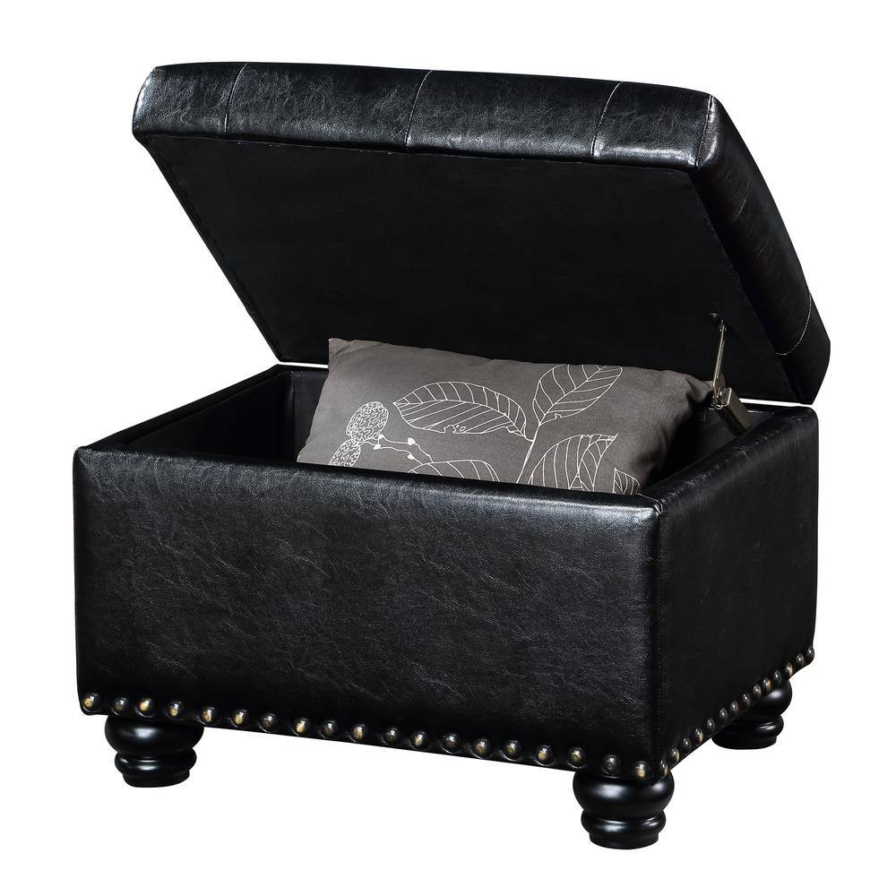 Black Tufted Storage Ottoman with Nailhead Trim