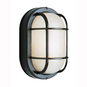 Aria 11 in. 1-Light Black Oval Bulkhead Outdoor Wall Light with Ribbed Glass