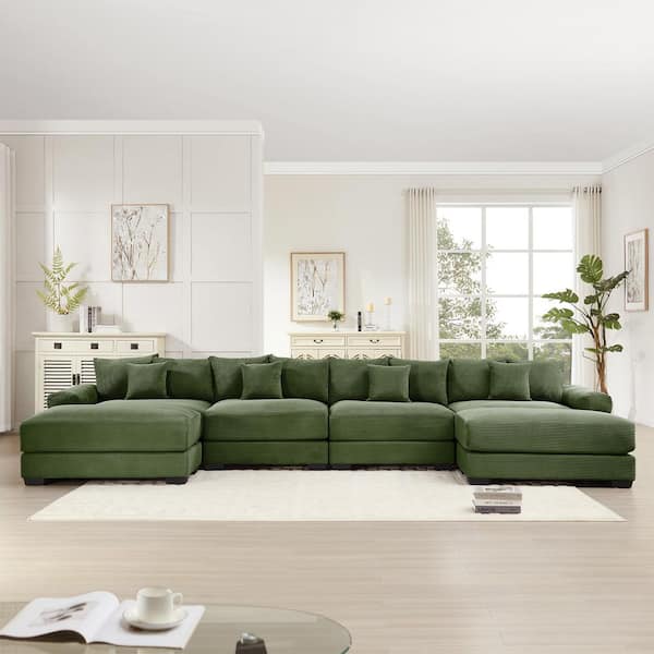 WHXYDS 167.6 in. Straight Arm 6-Piece Corduroy Modular Sectional Sofa with Ottoman and Ergonomic Design in Olive Green