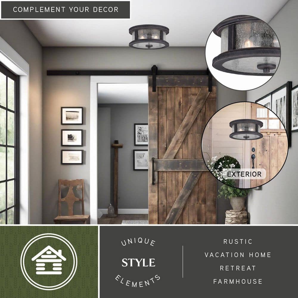 Rust Iron and Glass Outdoor Flush Mount Ceiling Light