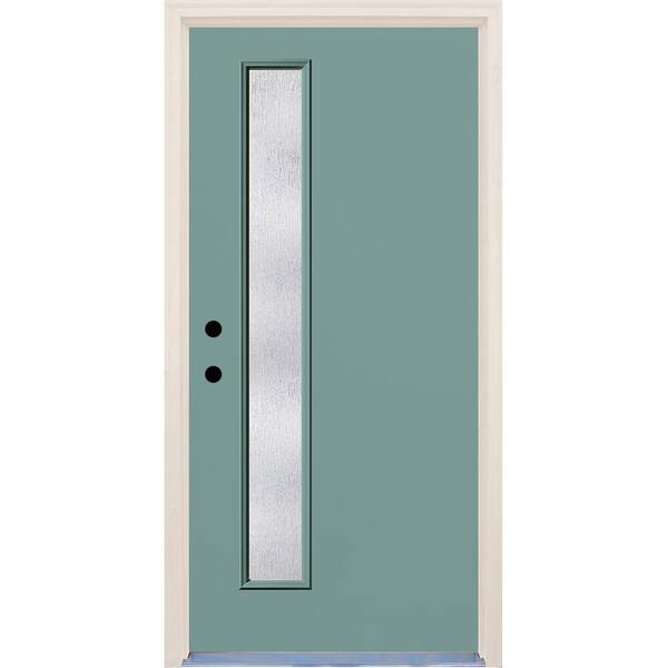 Builders Choice 36 in. x 80 in. Right-Hand Surf 1 Lite Rain Glass Painted Fiberglass Prehung Front Door with Brickmould