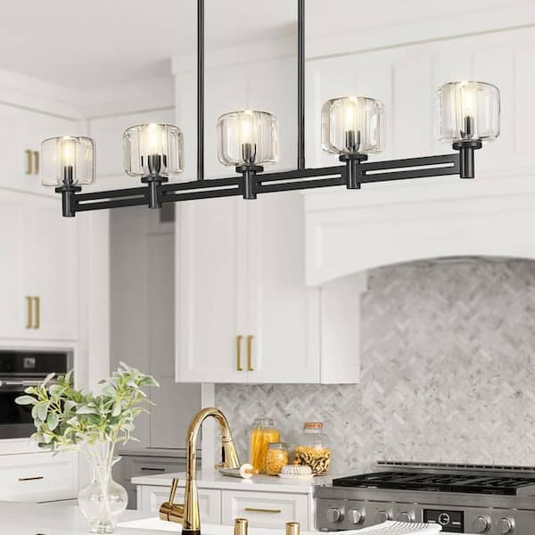 54 in. 5-Light Black Farmhouse Linear Chandelier with Crystal Lampshade for Dining Room, Living Room and Kitchen Island
