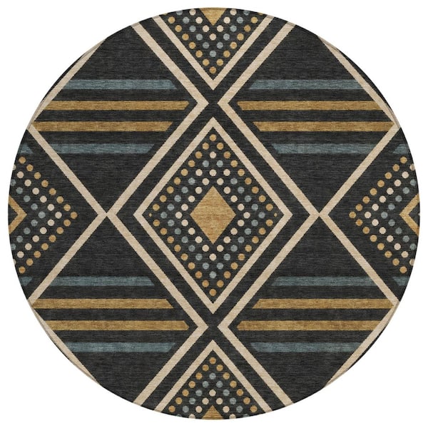 Chantille Machine Washable Indoor/Outdoor Abstract ACN3128 Black 8 ft. x 8 ft. Round Rug
