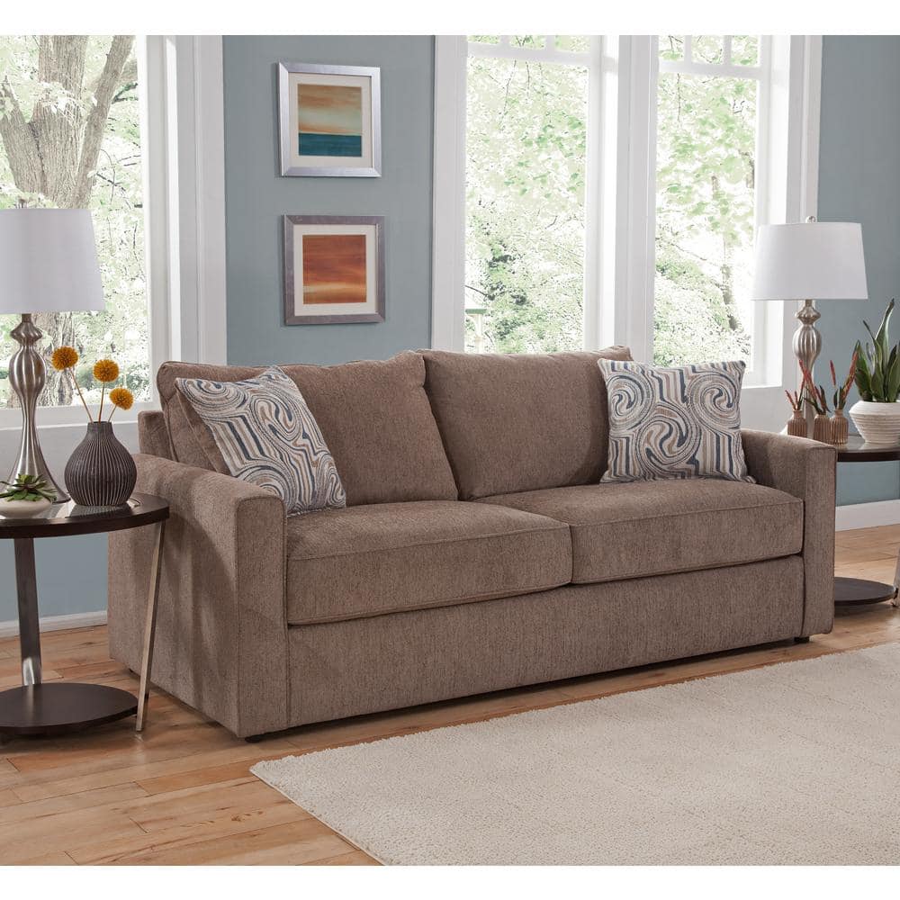 Latte Brown Chenille Sofa with Swirl Accent Pillows