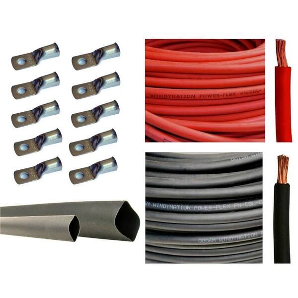 WindyNation 10 ft. Black+10 ft. Red 4AWG with 10pcs of 3/8" Tinned Copper Cable Lug Terminal Connectors and 3 ft. Heat Shrink Tubing
