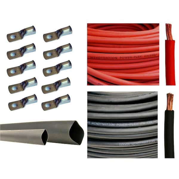 WindyNation 20 ft. Black+20 ft. Red 6AWG with 10pcs of 3/8" Tinned Copper Cable Lug Terminal Connectors and 3 ft. Heat Shrink Tubing