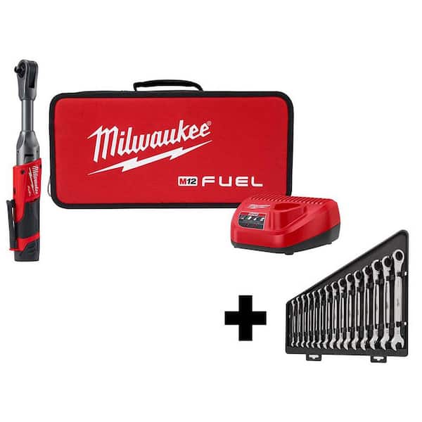 Milwaukee M12 FUEL 12V Lithium-Ion Brushless Cordless 3/8 in. Extended Reach Ratchet Kit with Metric Ratcheting Wrench Set