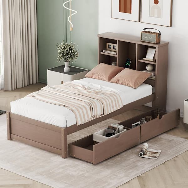 Nestfair Walnut Brown Wood Frame Twin Size Platform Bed with Built-in USB Port, 2 Drawers and Storage Headboard