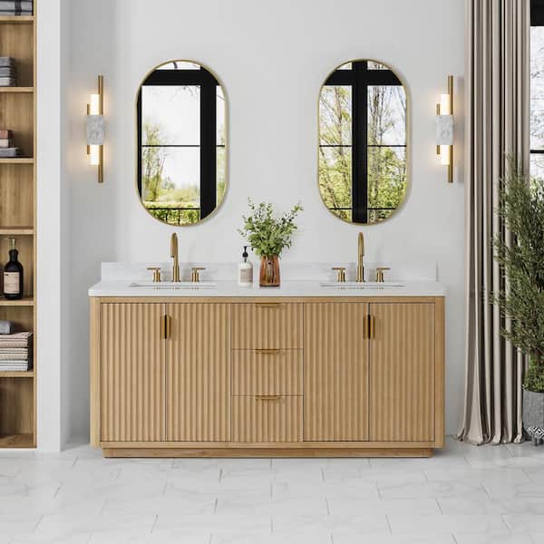 Cádiz 72 in. W x 22 in. D x 34 in. H Double Freestanding Bath Vanity in Washed Ash Gray with White Composite Stone Top