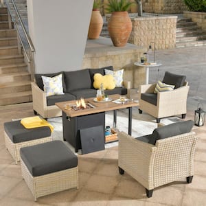 Camelia Beige 6-Piece Wicker Patio New Style Rectangular Fire Pit Seating Set with Black Cushions