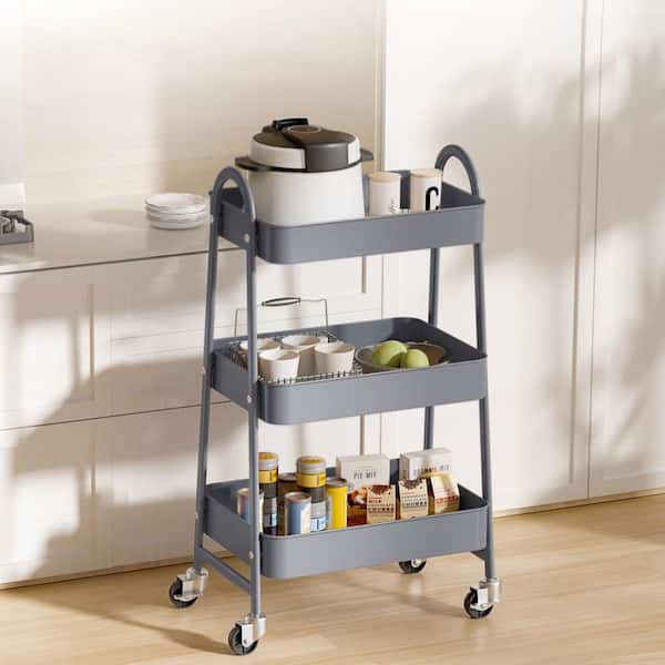 3-Shelf Metal Small Rolling Cart Pantry Organizer Snack Organizer Storage Rack with Wheels, Gray