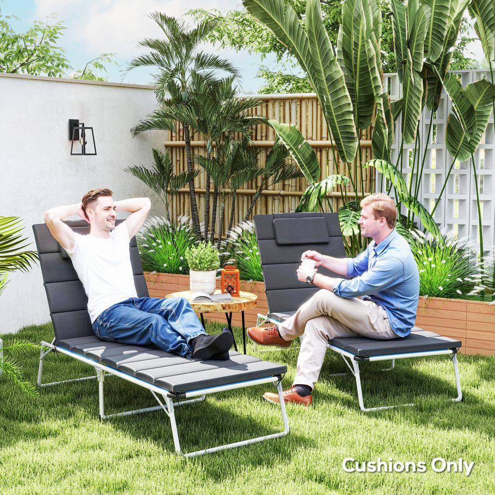 Dark Gray Foldable Olefin Chaise Lounge Cushion Set with Headrest