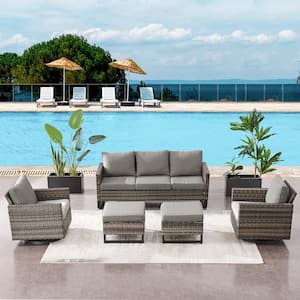 5-Piece Gray Wicker Patio Conversation Swivel Outdoor Rocking Chair Set Sectional Sofa with Gray Cushions