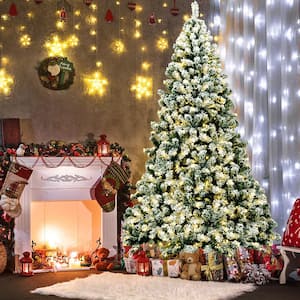 7.5 ft. Pre-lit Snow Flocked Artificial Christmas Tree Hinged Pine Tree Holiday Decoration