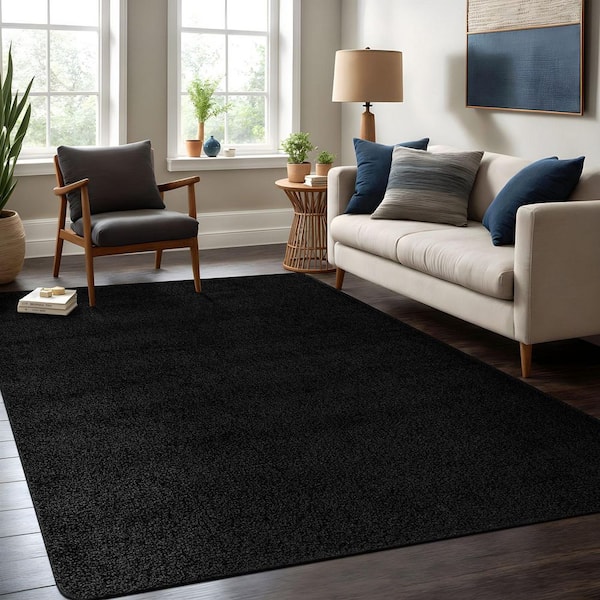 8 ft. x 10 ft. Black Silky Solid Plus Thick Pile Non Slip Easy Clean Non Shedding Modern Indoor Area Rug