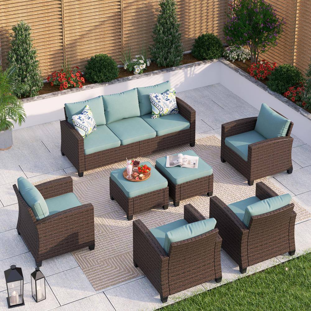 PHI VILLA Dark Brown Rattan Wicker 9 Seat 7-Piece Steel Outdoor ...