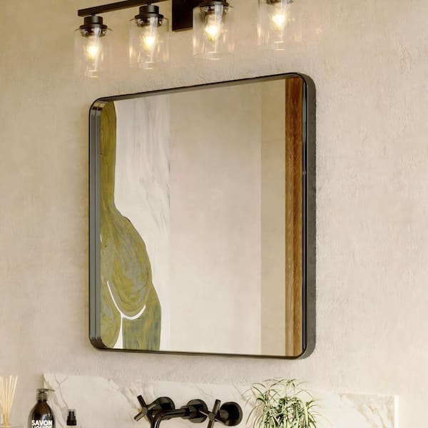 30 in. W x 30 in. H Rectangular Aluminum Framed Modern Black Rounded Wall Mirror