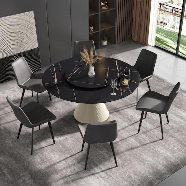 J&E Home Black White Double-Sintered Stone Top 59 in. Column Base Round Dining Table with Lazy Susan Turntable top (Seats-8)