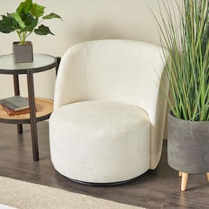 White Round Swivel Boucle Polyester Accent Chair with Black Base
