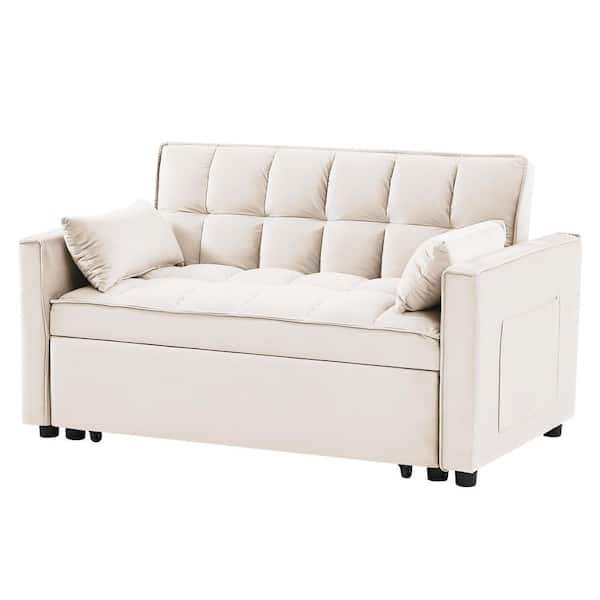 55 in. W 3-in-1 Convertible Velvet Sleeper Sofa Bed with 2 Pillows, Beige, 2-Seater Loveseat
