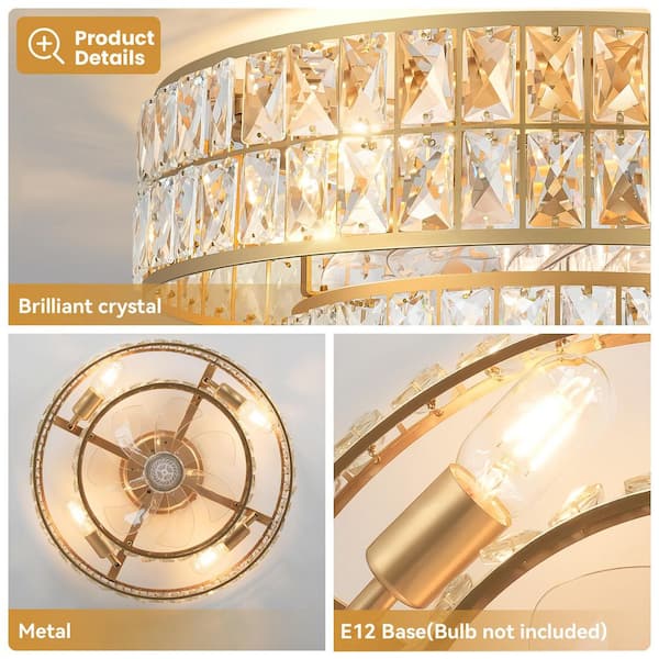 20 in. Indoor Gold Crystal Ceiling Fans with Lights & Remote Control, 6 Speed Flush Mount Fandelier for Bedroom, Kidroom