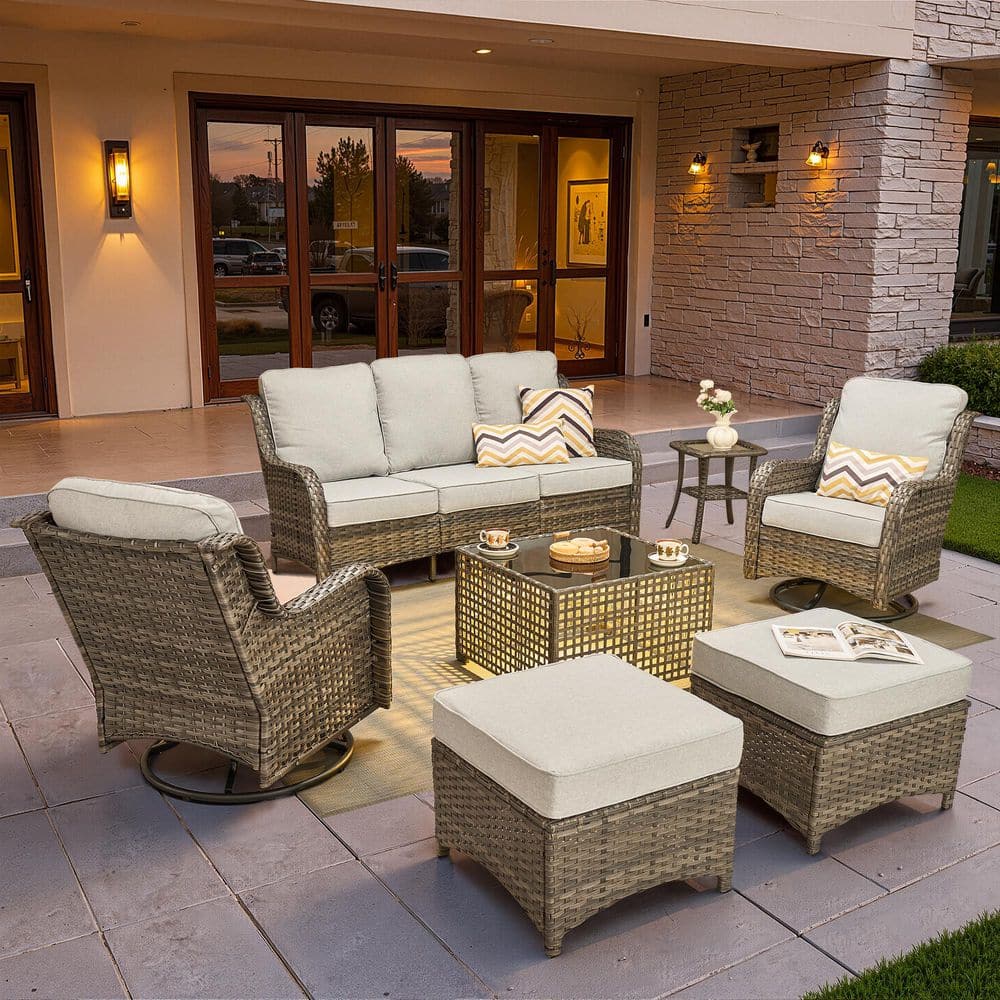 Janus Gray 7-Piece Wicker Patio Conversation Set with Gray Cushions and Solar-Powered LED Lighted Coffee Table price history on PriceWatchPro