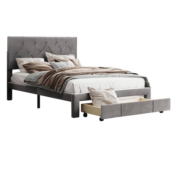 Polibi 54.00 in. W Gray Frame Full Size Storage Bed Velvet Upholstered Platform Bed with a Big Drawer