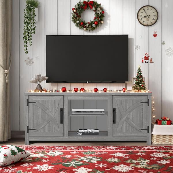 Farmhouse 58 in. Freestanding Media Console Electric Fireplace TV Stand in Light Gray