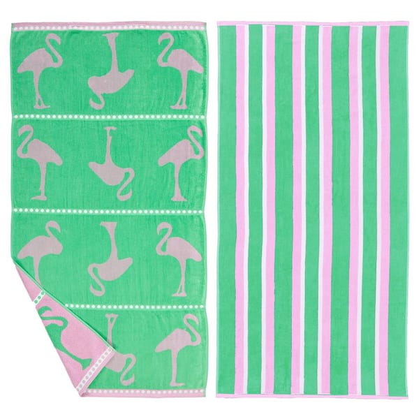 FRESHFOLDS Flamingo Green / Pink 2-Pack 100% Cotton Printed Beach Towel