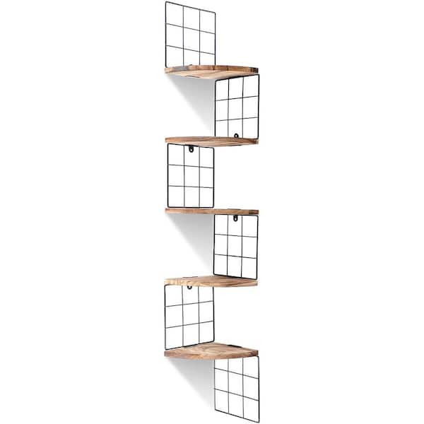 Unbranded 8 in. W x 8 in. D Decorative Wall Shelf, 5 Tier Boho Corner Shelf Rustic Black Metal Grid Floating Wood Shelves