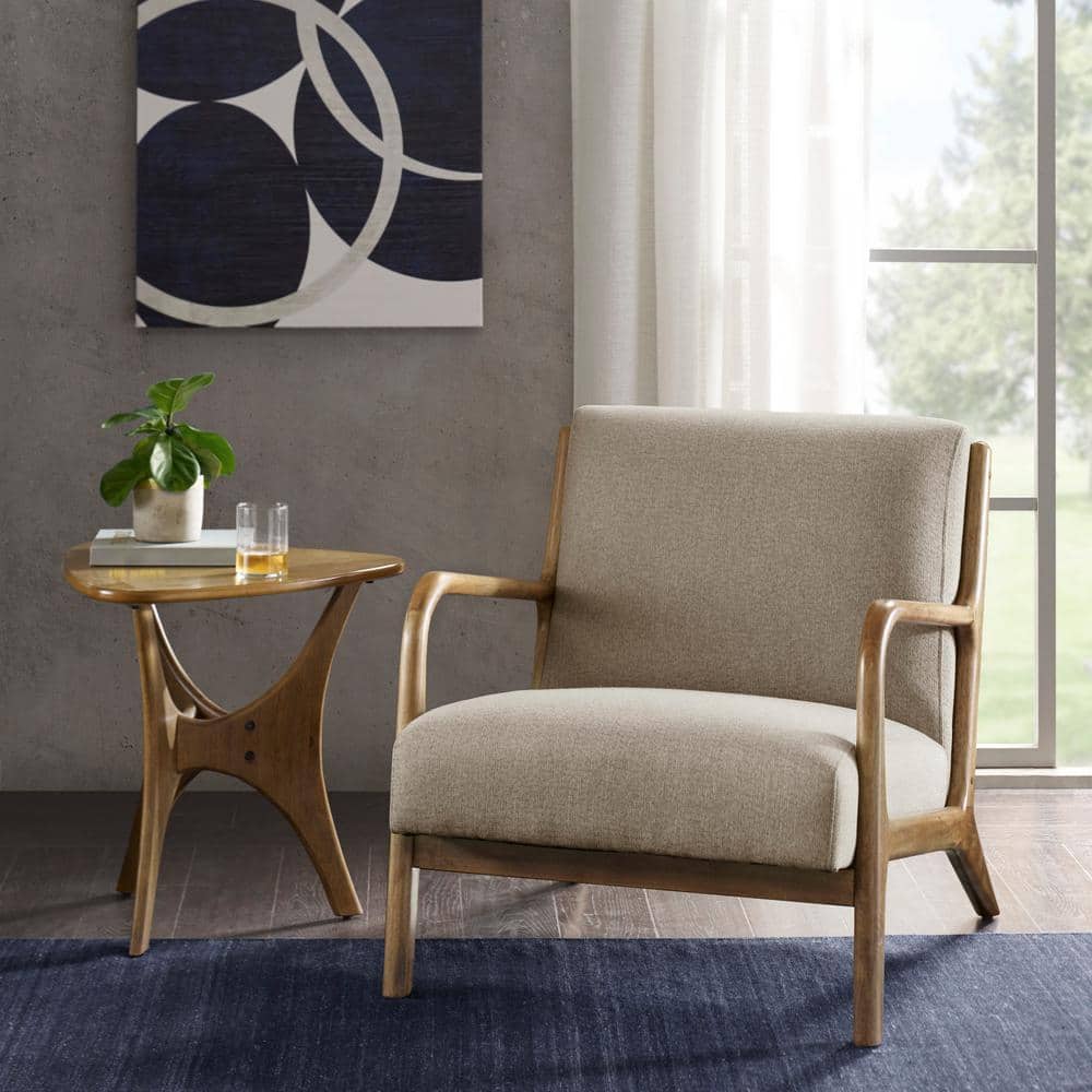 Taupe Upholstered Elm Wood Mid-Century Lounge Chair