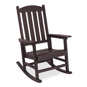 Brown Plastic Adirondack Outdoor Rocking Chair with High Back, Porch Rocker for Backyard