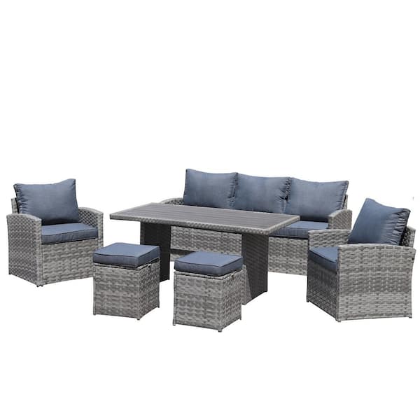 BTMWAY Light Gray 6-Piece PE Wicker Patio Conversation Set with Gray Cushion Outdoor Patio Furniture Set Sectional Sofa Set
