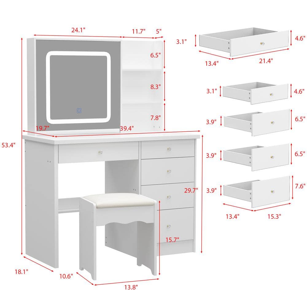 5-Drawers White Makeup Vanity Sets Dressing Table Sets with LED Dimmable Mirror, Stool and 3-Tier Storage Shelves - thumbnail 3
