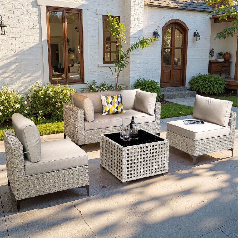 Supery Gray 5-Piece Wicker Patio Conversation Seating Set with Beige Cushions and Coffee Table price history on PriceWatchPro