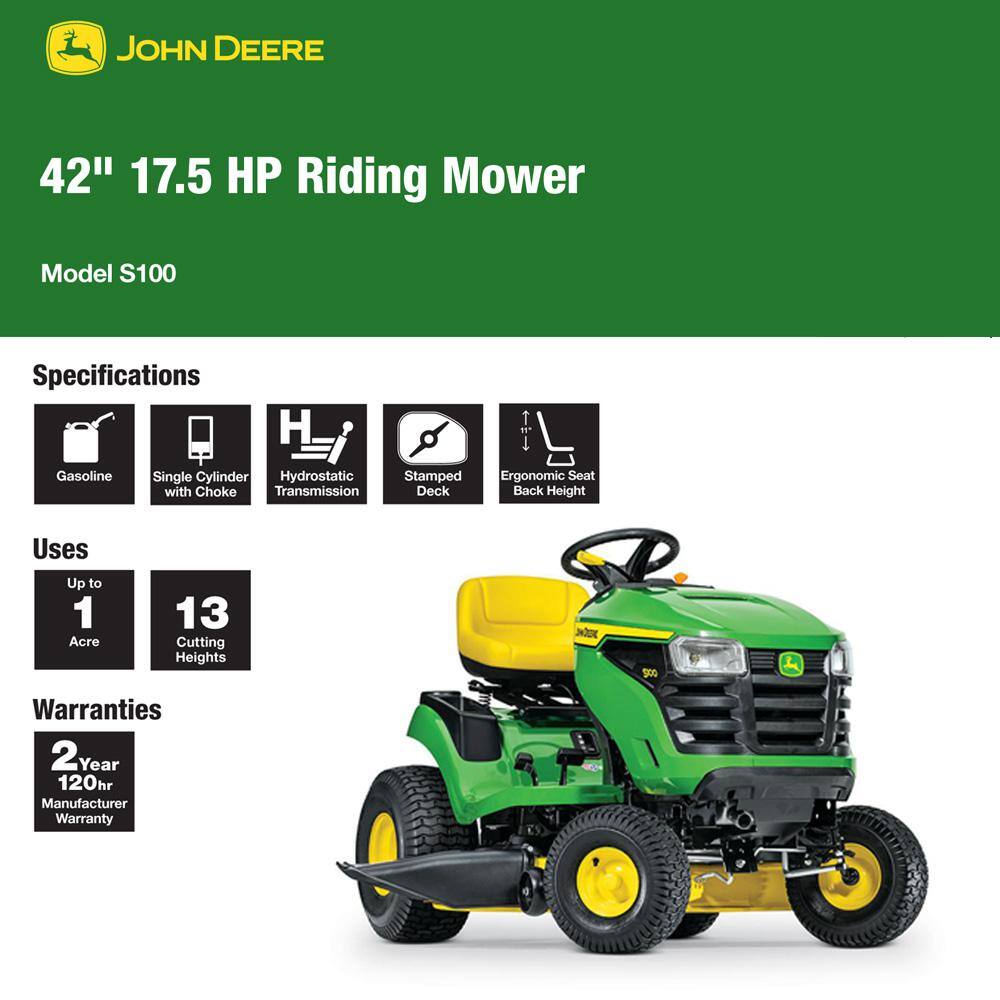 John Deere S100 42 in. 17.5 HP Gas Hydrostatic Lawn Tractor