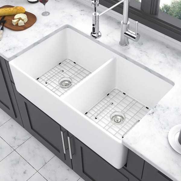 32 in. Farmhouse Double Bowl (50/50) White Ceramic Kitchen Sink with Bottom Grids