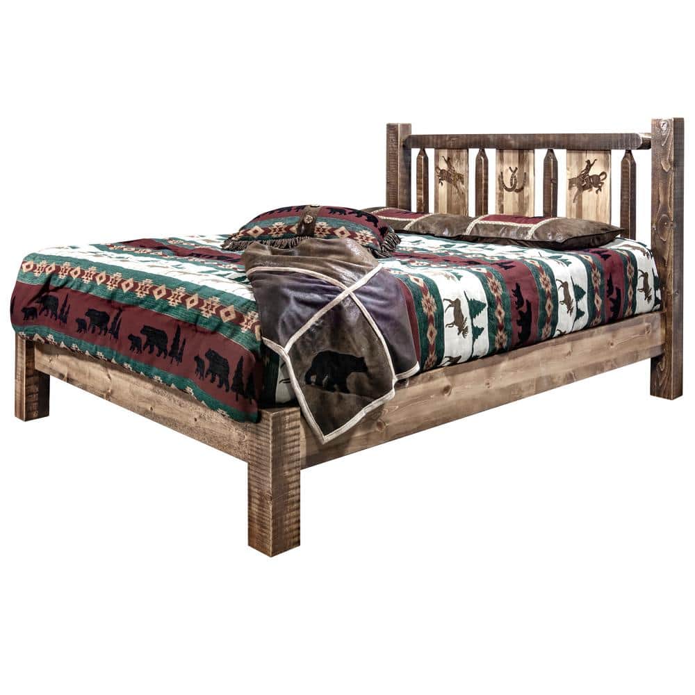 Rustic Full Pine Platform Bed with Laser Engraved Bronc Headboard