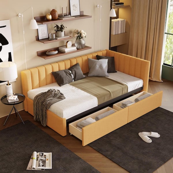 Yellow Upholstered Twin Size Daybed with 2 Storage Drawers