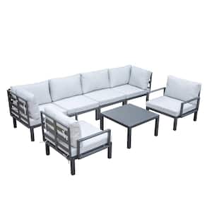 Hamilton 7-Piece Aluminum Modular Outdoor Patio Conversation Seating Set With Coffee Table and Cushions in Light Grey