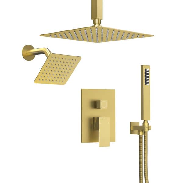 EVERSTEIN 3-Spray Patterns Square Fixed Shower Head 10 and 6 in. with 2.5 GPM Wall Mount Dual Shower Heads in Brushed Gold