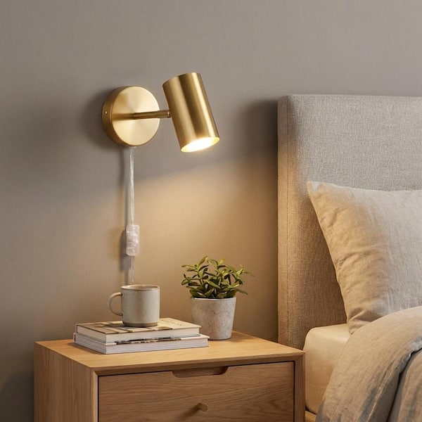 Modern 1 Light Gold Plug in Wall Sconces with Swing Arm Shade, Farmhouse Reading Wall Lamp with Switch for Bedroom